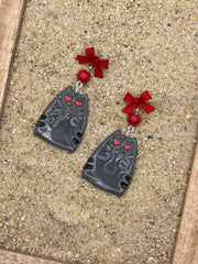 Cat Lover - Grey Kitty Earrings with Red Bow Detail: Handmade Polymer Clay