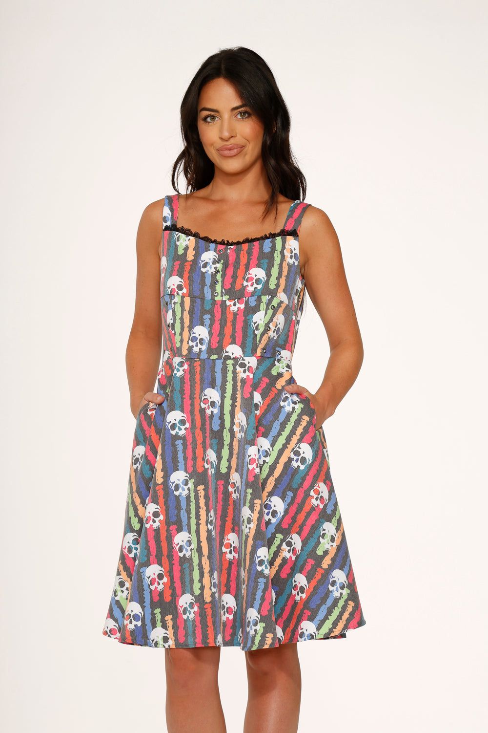 Black Skulls Rainbow Swing Dress