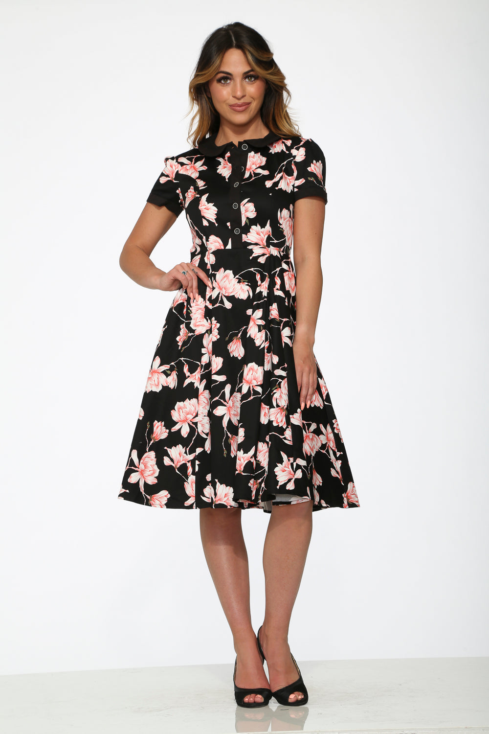 Black & Pink Floral Swing Dress