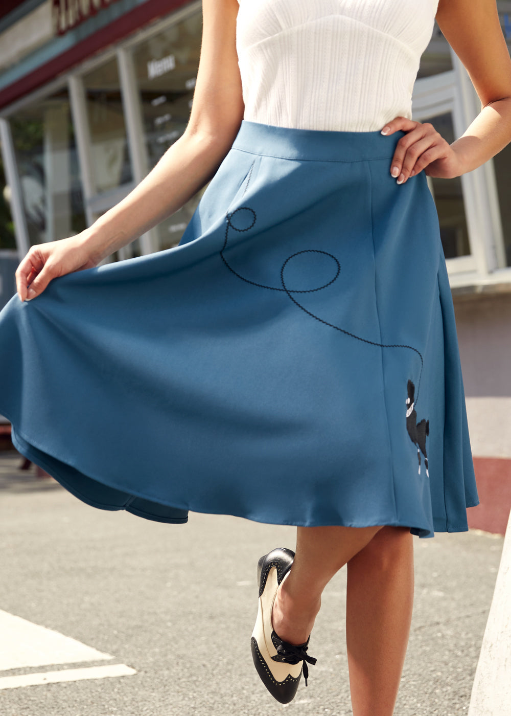 Blue Embroidered Poodle Swing Skirt
