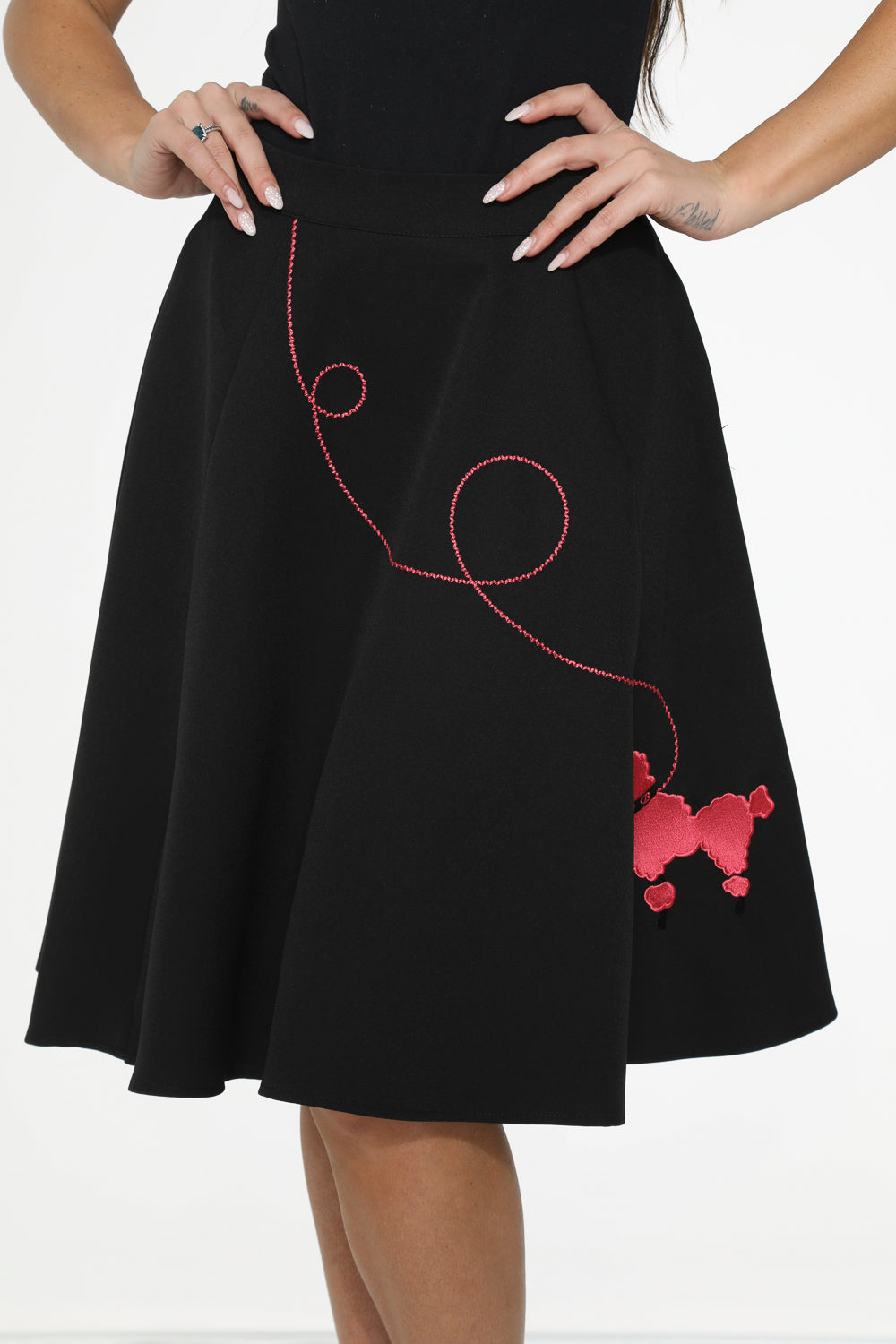 Black Hot Pink Embroidered Poodle Swing Skirt