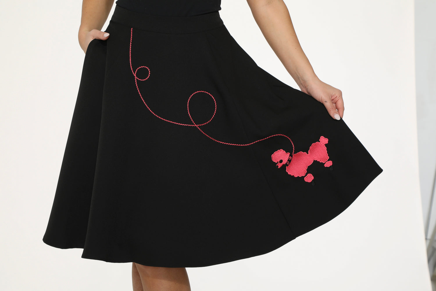 Black Hot Pink Embroidered Poodle Swing Skirt