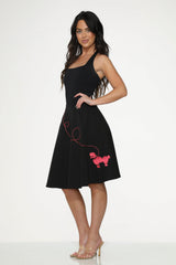 Black Hot Pink Embroidered Poodle Swing Skirt