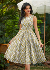 50s Style Cotton Midi Swing Dress - Mustard Floral