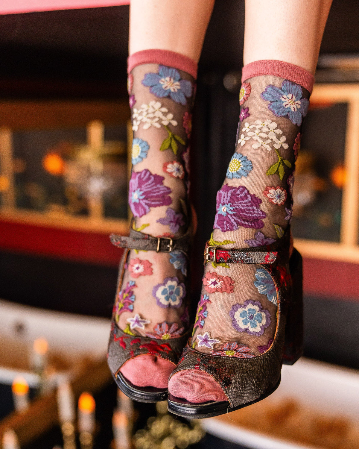 Dark Florals Black Sheer Crew Sock