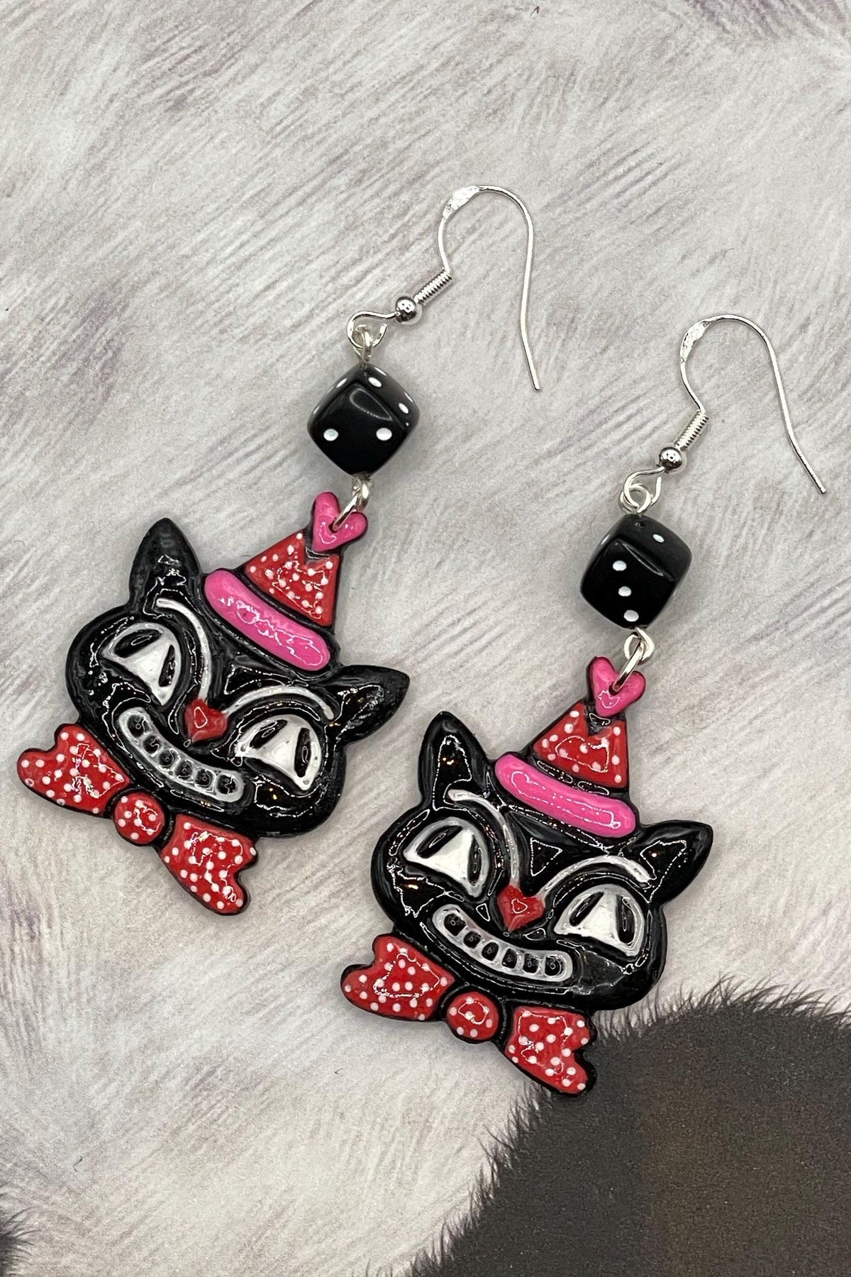 Cat Lover - Retro Kitty Earrings with Party Hat and Dice Detail: Handmade Polymer Clay