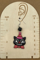 Cat Lover - Retro Kitty Earrings with Party Hat and Dice Detail: Handmade Polymer Clay