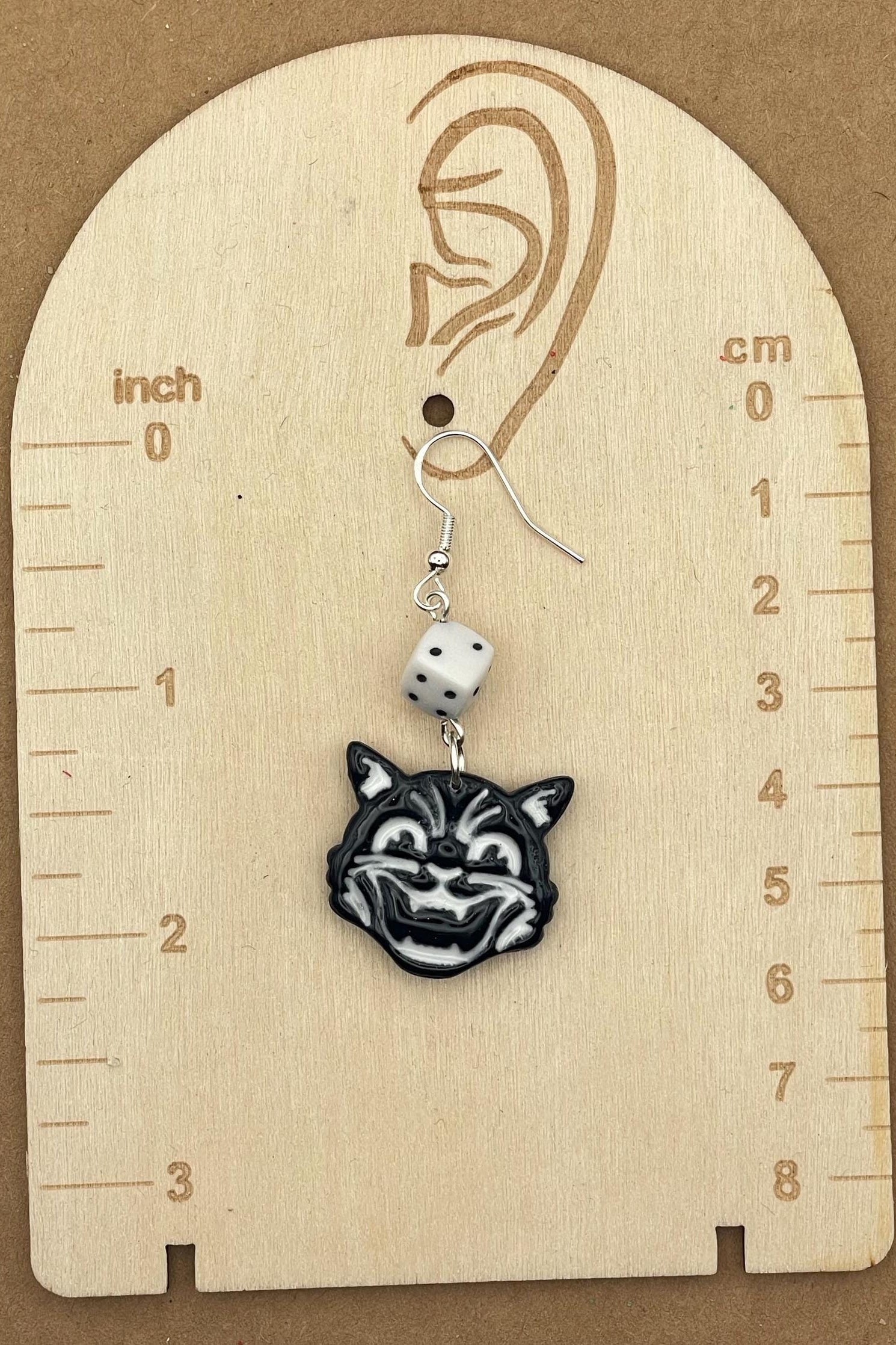 Cat Lover - Retro Kitty with White Dice Earrings: Hand-Painted Polymer Clay